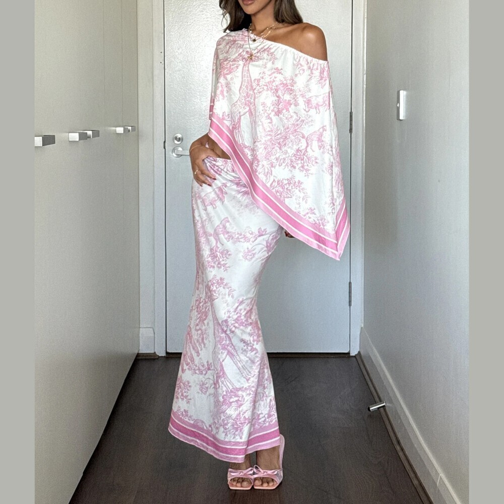 Pink Toile Print Asymmetrical Off Shoulder Top and Flared Pants Set